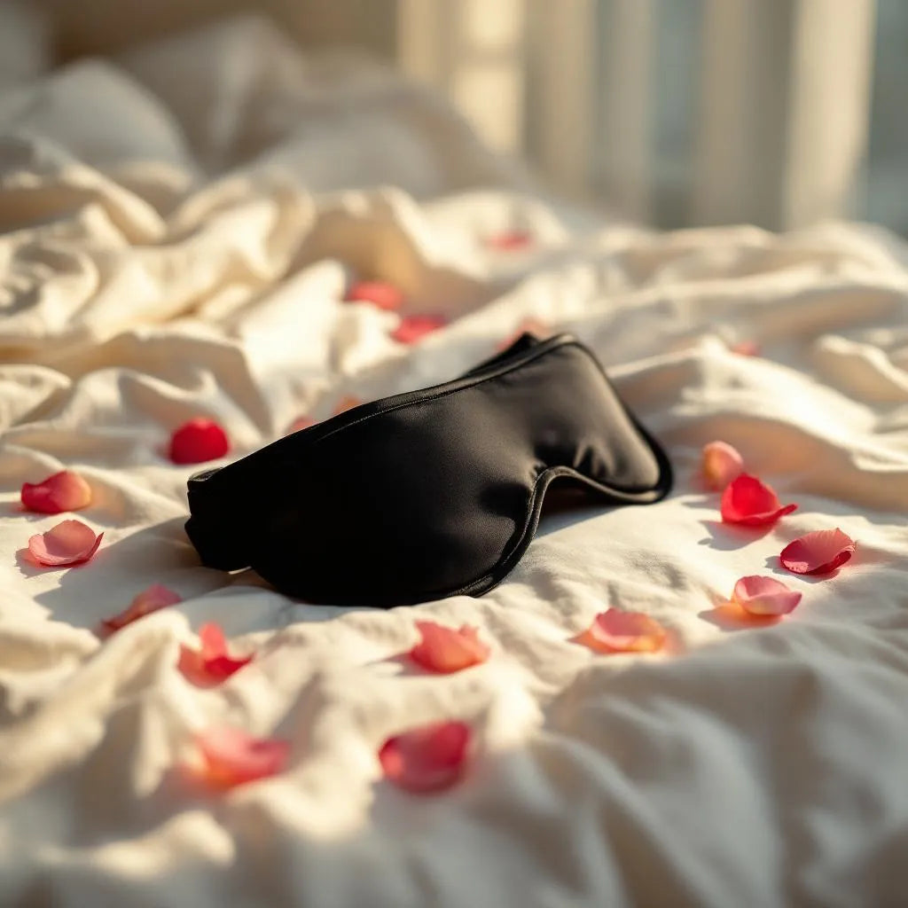 Black satin blindfold resting on cream bed sheets with rose petals – soft lighting evokes intimacy and multi-sensory play during sober sex – Playbox Store UK