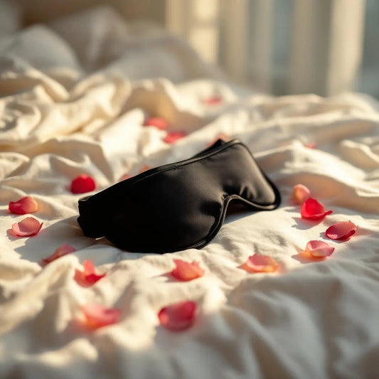 Black satin blindfold resting on cream bed sheets with rose petals – soft lighting evokes intimacy and multi-sensory play during sober sex – Playbox Store UK