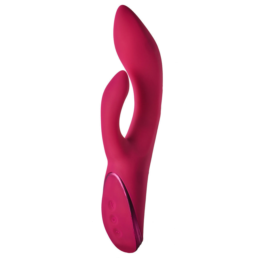 Dual-stimulation pink silicone vibrator with curved G-spot shaft and flexible clitoral stim arm, designed for blended internal and external pleasure