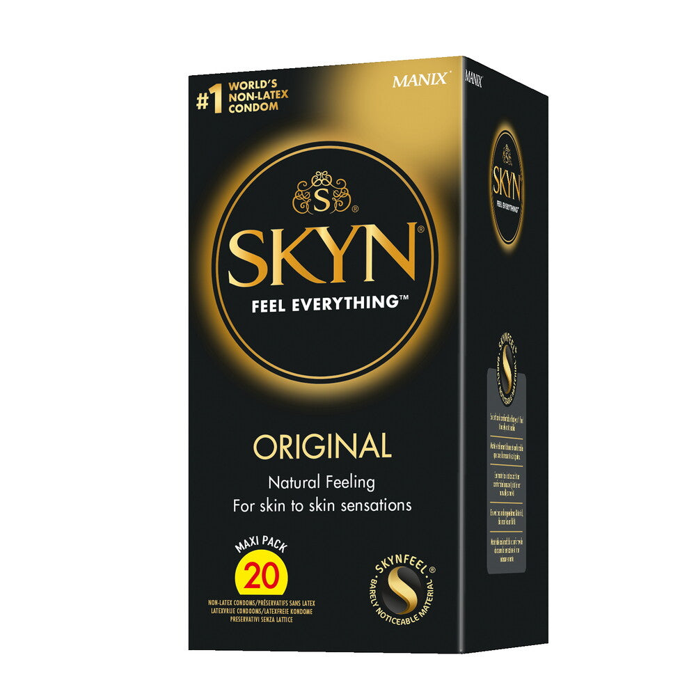 Box of SKYN Original non-latex condoms with natural feeling design, 20-pack for skin-to-skin sensation and everyday protection