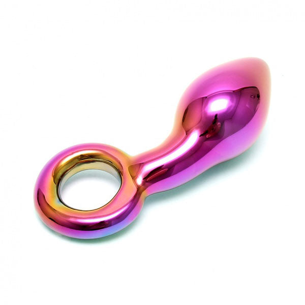 Rainbow Glass Butt Plug with Finger Loop Handle – Smooth Anal Toy