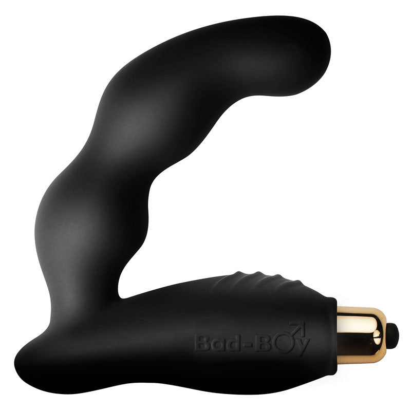 Curved black prostate massager with ergonomic shape and gold bullet vibrator, designed for targeted P-spot stimulation and hands-free use