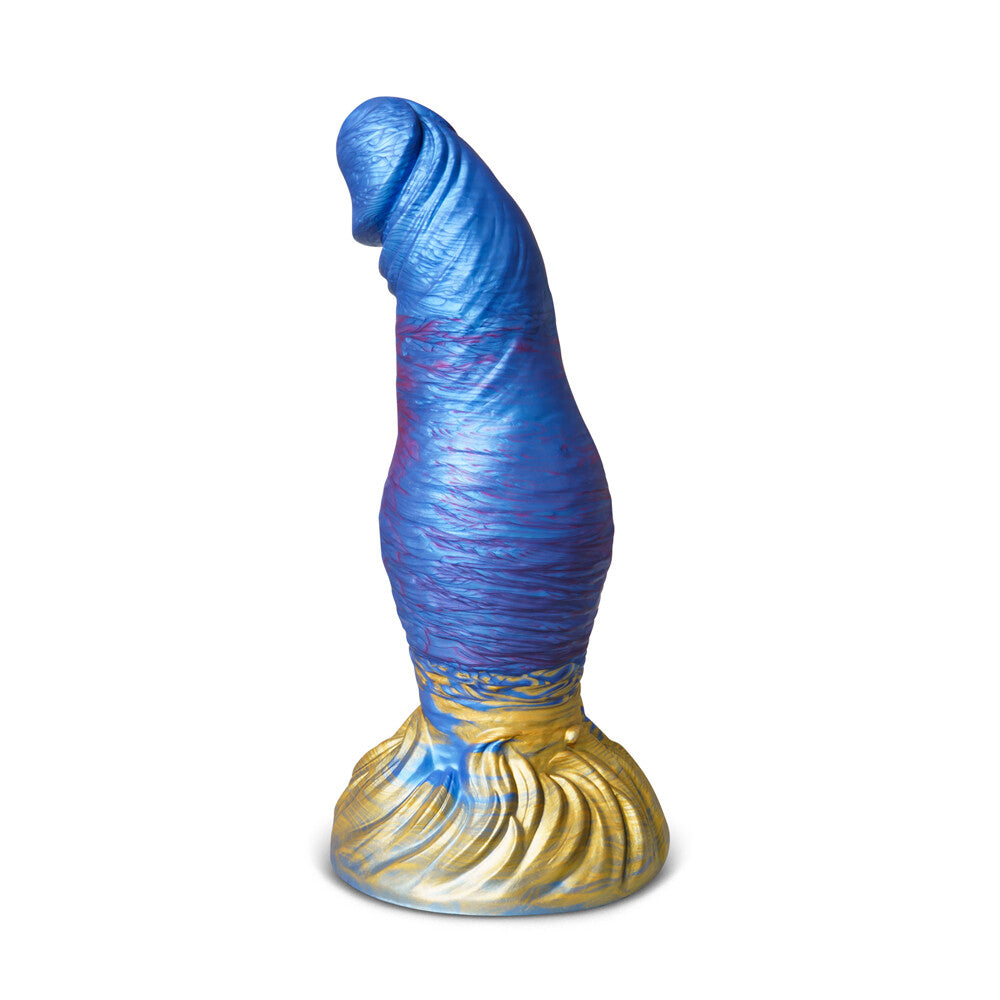 Fantasy-style blue and gold silicone dildo with a twisted textured shaft and artistic base, designed for imaginative pleasure play