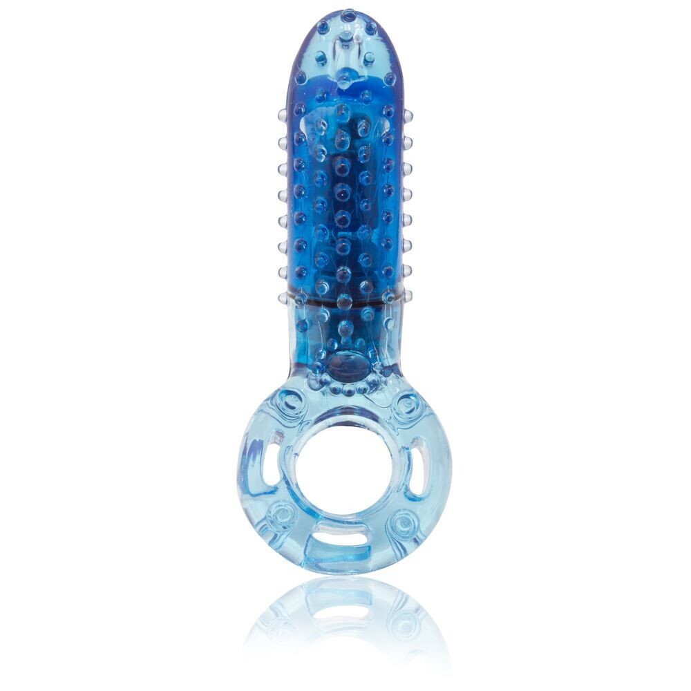 Blue vibrating love ring with textured sleeve for enhanced stimulation