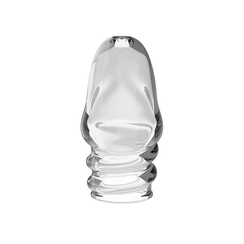 Transparent penis sleeve with ribbed base and open tip, designed to enhance girth, add texture, and intensify partner stimulation
