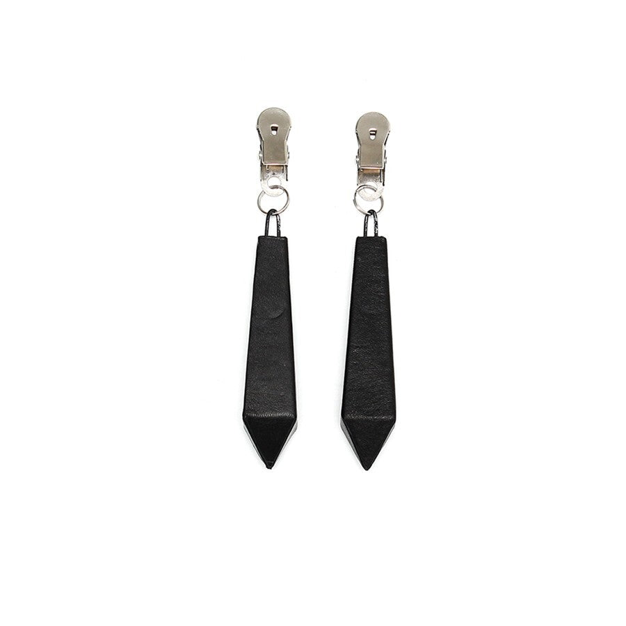 Pair of adjustable metal nipple clamps with black leather tassel attachments.