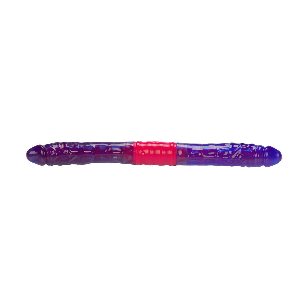 Purple and red double-ended dildo with realistic texture for dual pleasure