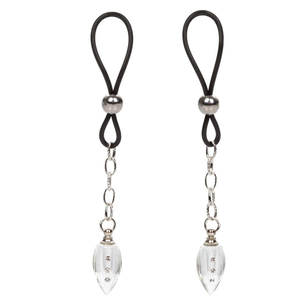 Pair of crystal drop nipple clamps with black adjustable loops and silver chain – Body Jewellery collection at Playbox Store UK.