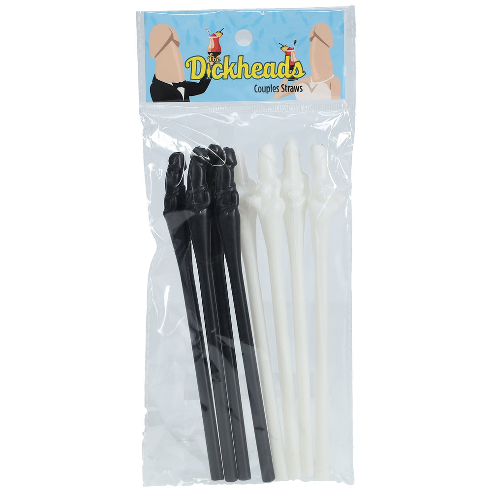 Pack of black and white novelty penis-shaped straws labelled Dickheads Couples Straws, designed for adult parties and fun drinking games