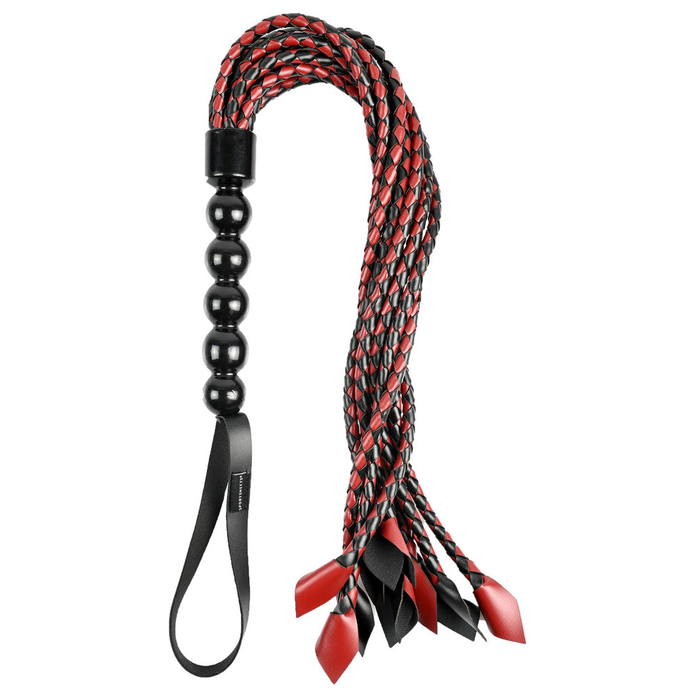 Black and red braided whip with beaded handle for bondage and BDSM play