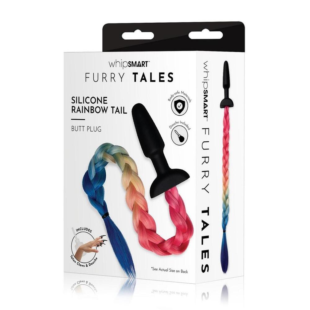 WhipSmart silicone rainbow tail butt plug with braided faux fur and body-safe silicone base – perfect for pet play and fantasy roleplay – Playbox Store UK