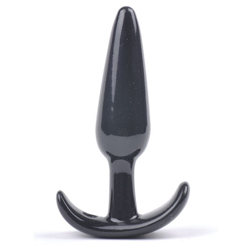 Smooth black anal plug with slim tapered tip and ergonomic curved base, ideal for beginner anal training and safe insertion