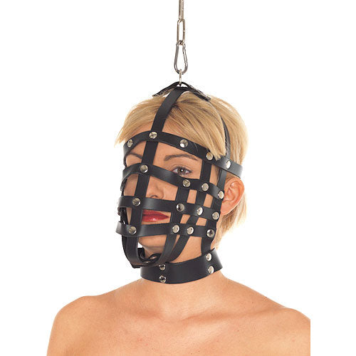 Leather bondage hood cage mask with full-face restraint and secure buckle straps – ideal for sensory deprivation and advanced BDSM play – Playbox Store UK