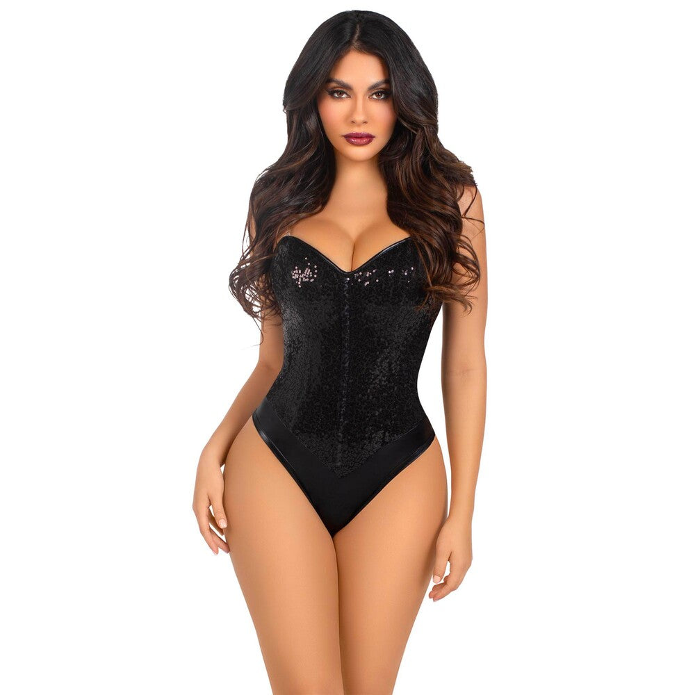 Black velvet strapless corset bodysuit with sweetheart neckline – elegant and figure-hugging lingerie for seductive evening wear